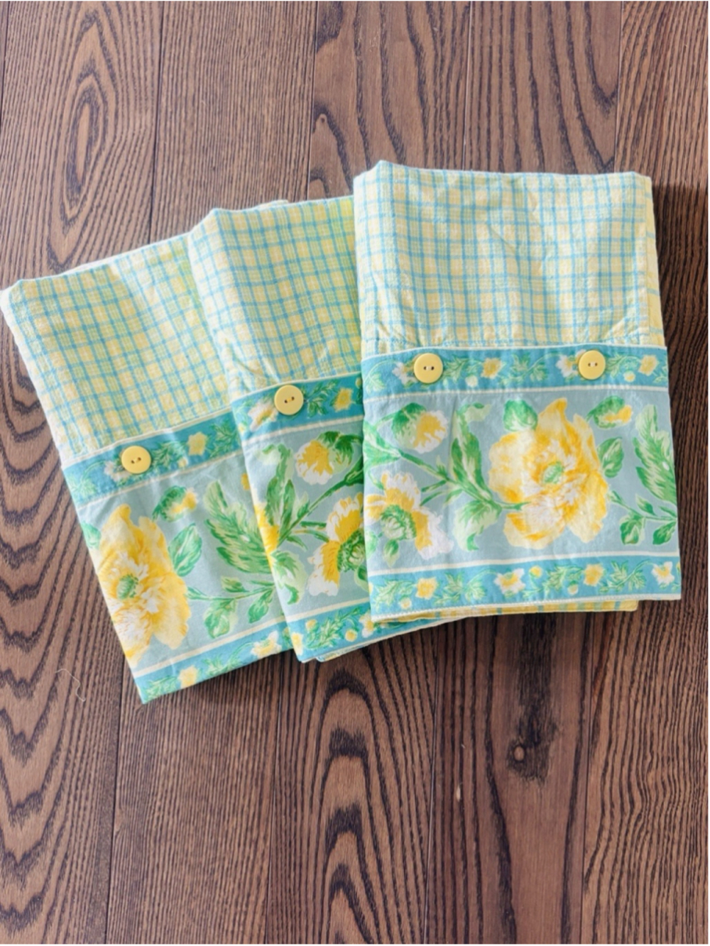 Vintage April Cornell 3 Pillow Covers Yellow Green Plaid Floral 24 X 24 Cottage